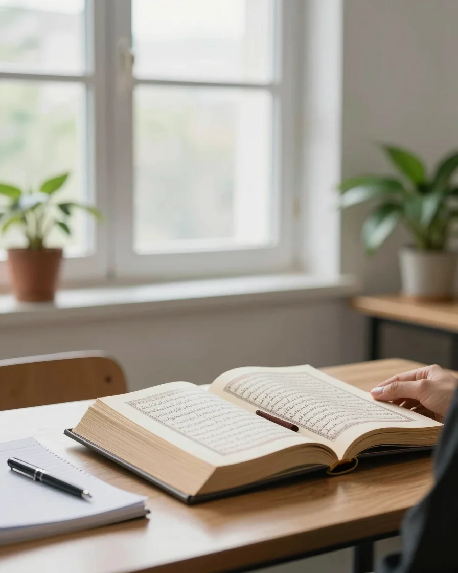 Quiet bright educational room, soft daylight through a window, an open Quran on a wooden table beside a notebook, green