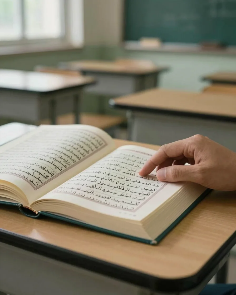 تصوير تحريري واقعي لمصحف مفتوح ومكتب دراسي هادئ بضوء نهاري ناعم،